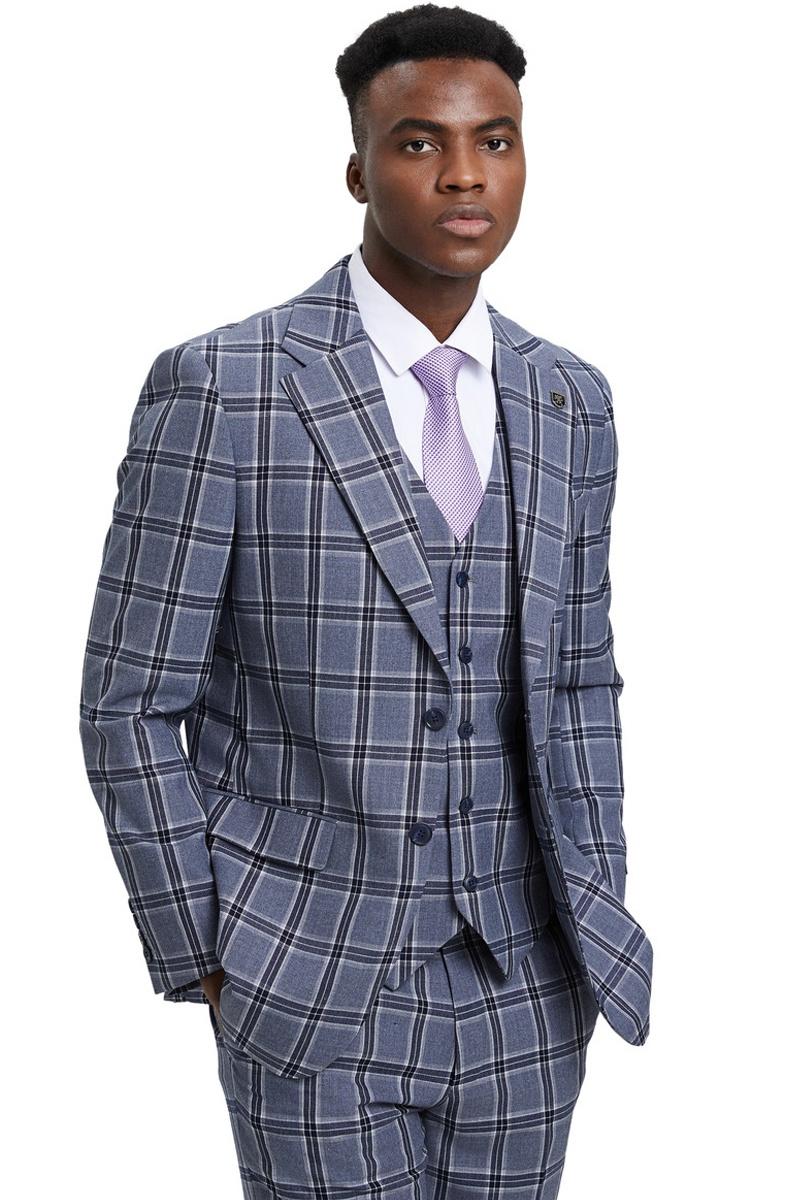 Men's Stacy Adams two-button vest suit features a grey glen plaid check pattern. The suit consists of a patterned jacket and a matching vested pant.