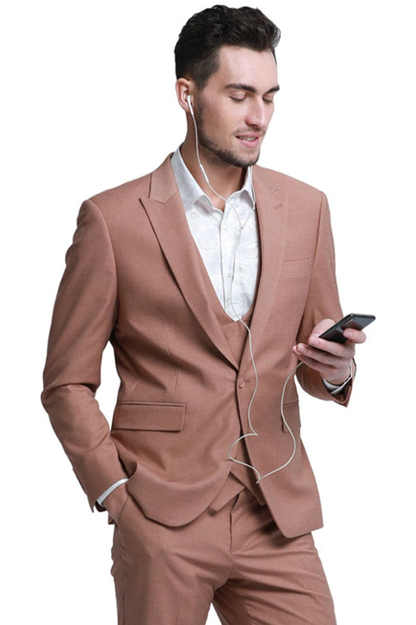 "Peach Men's Slim Fit Wedding Suit with Peak Lapel Vest"