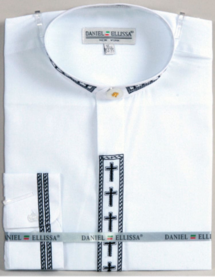 "Men's Clergy Shirt - Cross Embroidered Banded Collar in White & Black"
