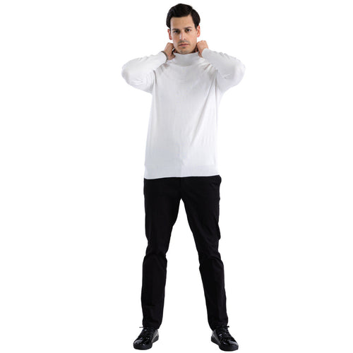 Alberto Nardoni men's white turtleneck sweater. Fitted silhouette with long sleeves, high ribbed neck, and knit fabric. Ribbed hem and cuffs for structure. Smooth texture.
