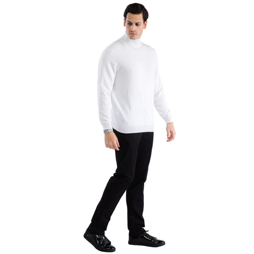 Men's white turtleneck sweater. Slim fit, long sleeves, high snug collar, ribbed hem. Soft, smooth fabric in a uniform white color.
