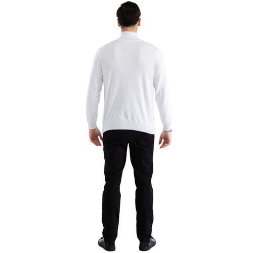 Men's white turtleneck sweater. Fitted silhouette, long sleeves, high neck. Smooth, lightweight knit fabric. Ribbed hem and cuffs. Clean, seamless back.
