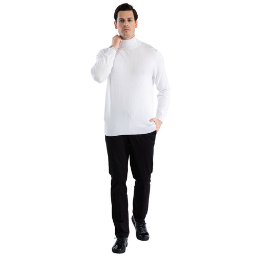 Men's white turtleneck sweater. Fitted shape, long sleeves, and high, close-fitting neck. Smooth, ribbed fabric.

