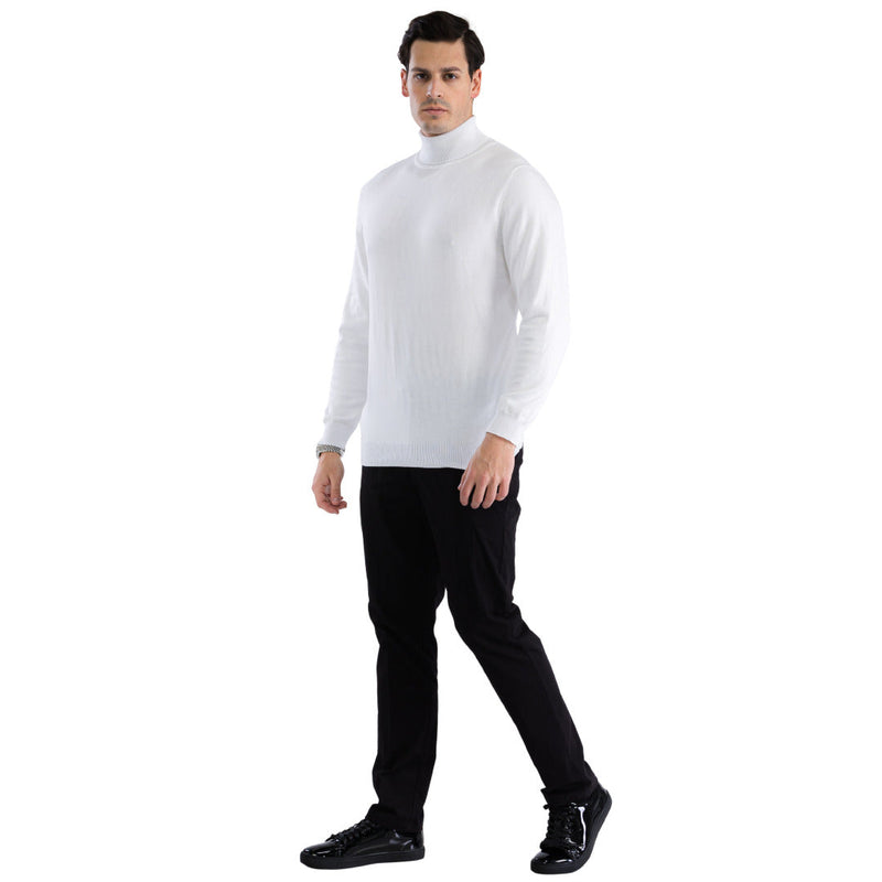 Alberto Nardoni men's white turtleneck sweater. Fitted shape, high neck, long sleeves. Smooth white fabric with ribbed cuffs and hem. Classic and versatile.
