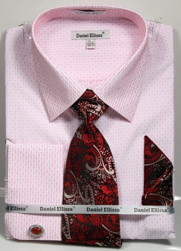 Men's French Cuff Mini Plus Patter Spread Collar Regular Fit Dress Shirt & Tie Set In White & Red