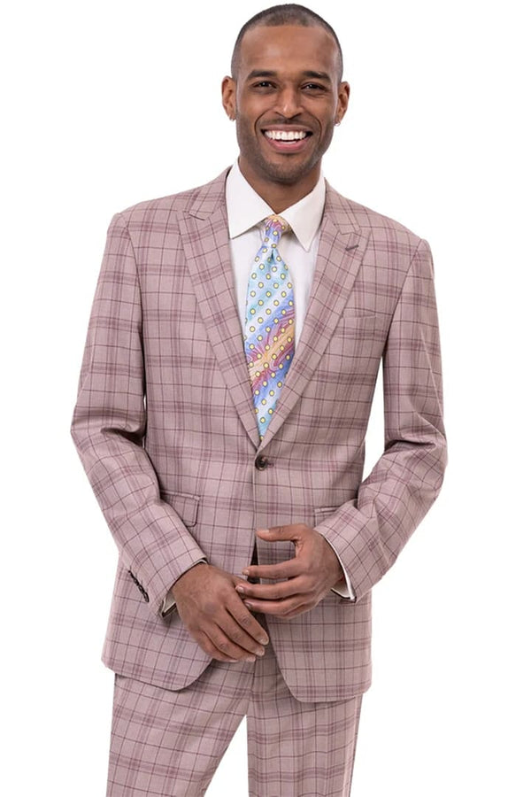 Mens Plaid Suit - Patterned Business Suit - Mens One Button Peak Lapel Fashion Suit In Tan Windowpane Plaid