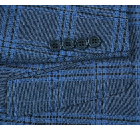 Mens Plaid Suit - Patterned Business Suit - Mens Two Button Slim Fit Two Piece Suit In Blue Windowpane Plaid