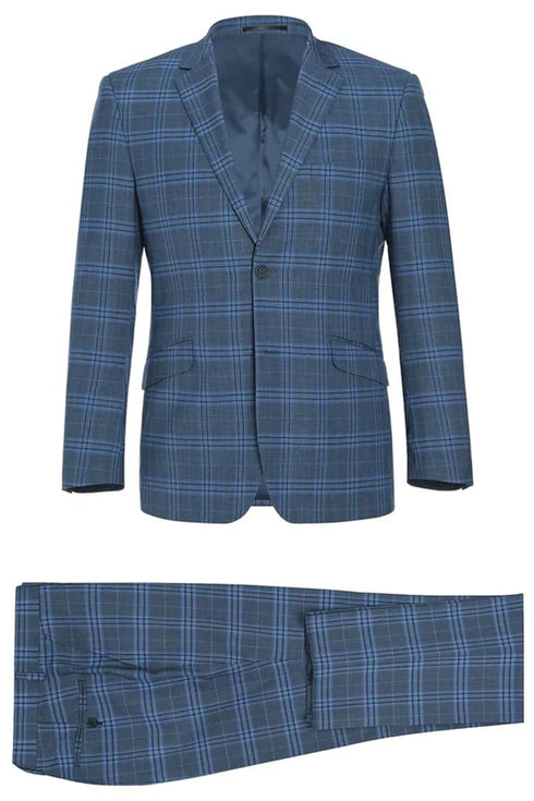 Mens Plaid Suit - Patterned Business Suit - Mens Two Button Slim Fit Two Piece Suit In Blue Windowpane Plaid