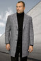 Men's brown plaid winter car coat. 100% wool, long, notched lapel, three-button closure. Straight sleeves, tailored fit, falls below hips. Varying brown shades create textured plaid.