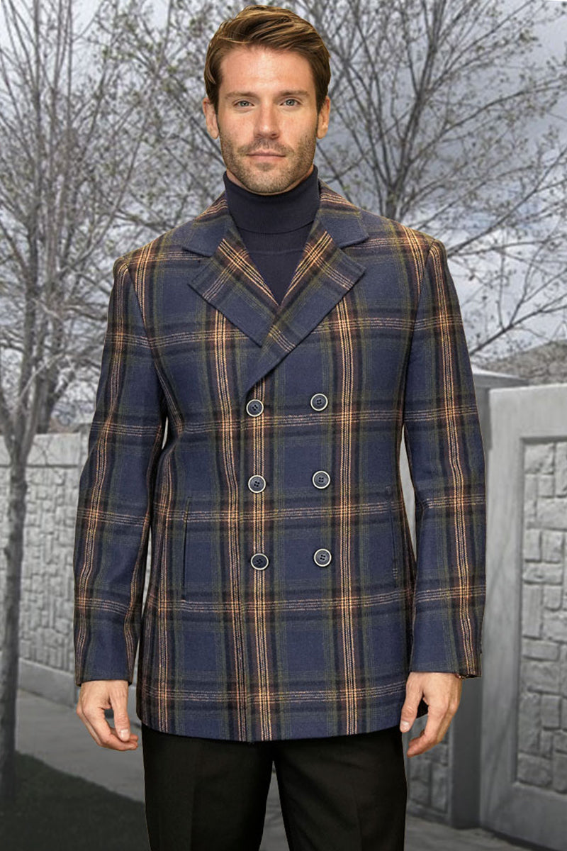 Men's designer winter peacoat in blue & gold plaid. 100% wool, double-breasted, wide lapels, structured silhouette. Features navy & gold plaid pattern.