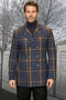 Men's designer winter peacoat in blue & gold plaid. 100% wool, double-breasted, wide lapels, structured silhouette. Features navy & gold plaid pattern.