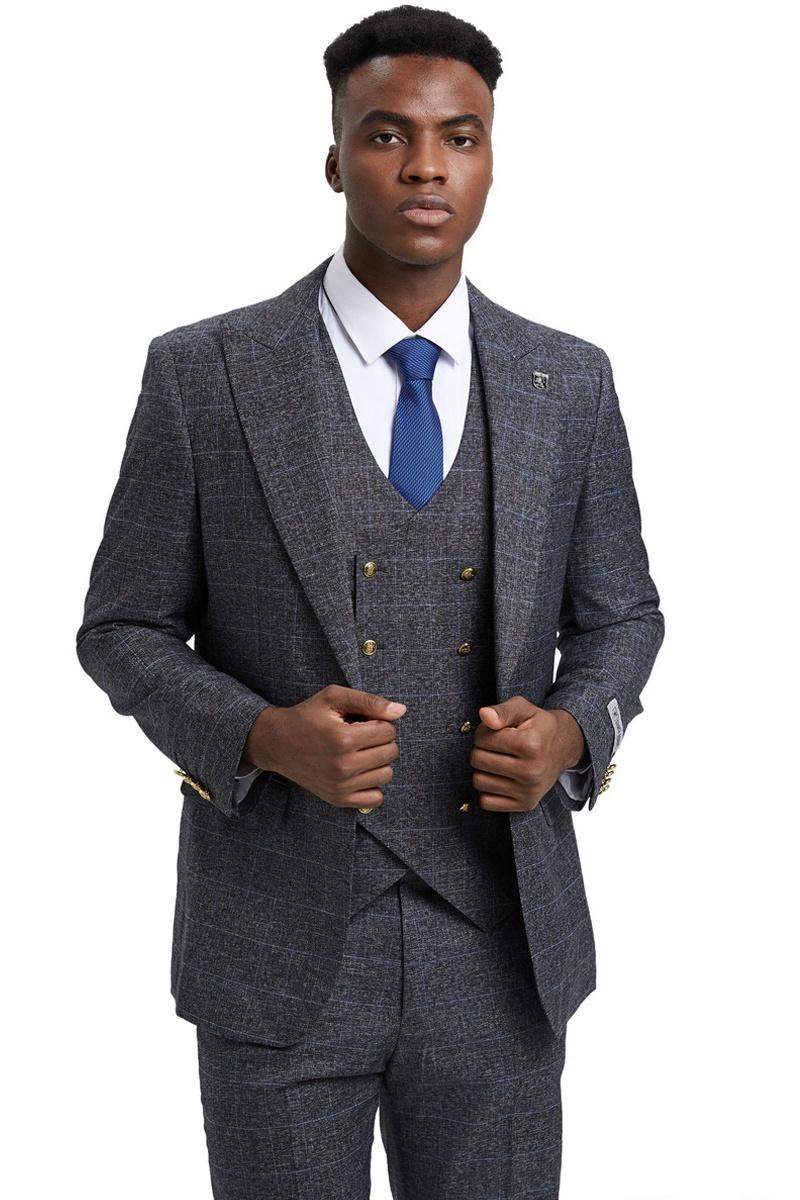 Stacy Adams men's suit: charcoal grey, windowpane plaid. Includes peak lapel jacket, tailored trousers, and double-breasted vest with gold buttons. Structured fit, subtle blue accents.
