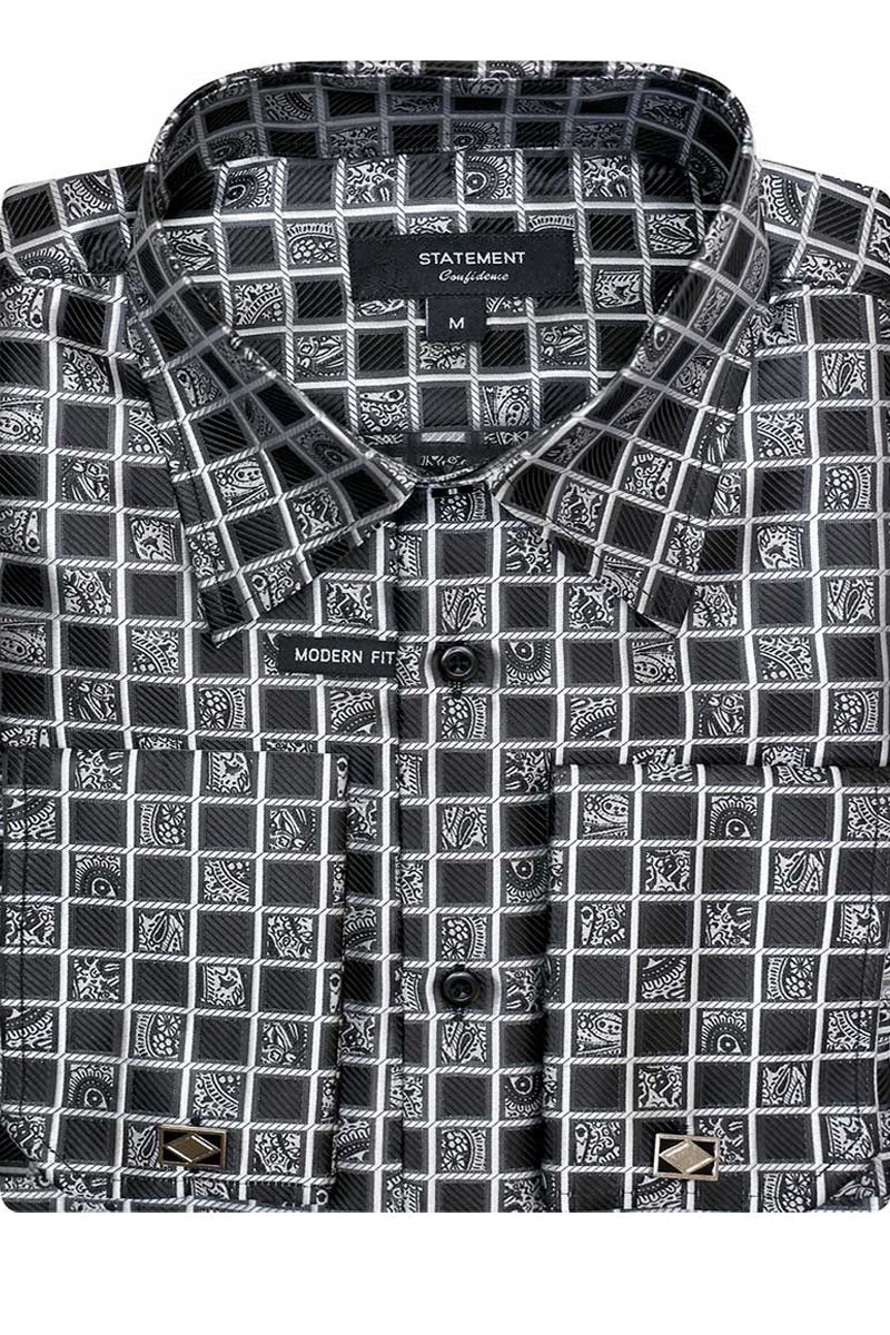 Black windowpane plaid dress shirt with French cuffs. Alternating black & white checkered & paisley pattern. Pointed collar, front buttons. Smooth woven fabric. Decorative cuff detail.
