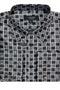 Black windowpane plaid dress shirt with French cuffs. Alternating black & white checkered & paisley pattern. Pointed collar, front buttons. Smooth woven fabric. Decorative cuff detail.
