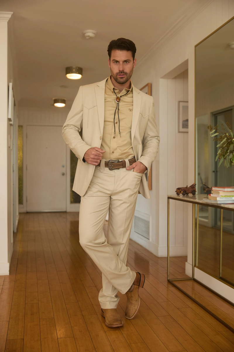 Mens Western Beige Suit with Elbow Patches – Classic Smart Casual Style