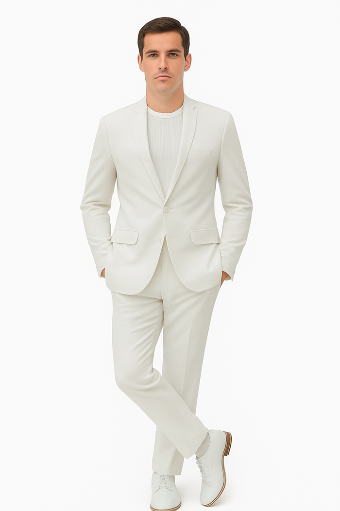 Men's light cream linen suit: relaxed hybrid fit. No-collar blazer with two pockets & single button. Straight-leg trousers. Lightweight, smooth texture, perfect for warm weather.
