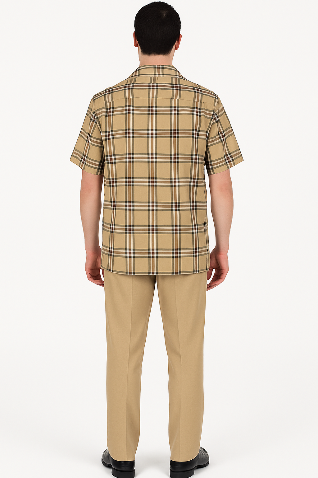Beige plaid men's summer shirt with short sleeves, straight cut, and lightweight fabric. Brown, cream, and black plaid pattern. Classic collar, uniform back, no visible fastenings.
