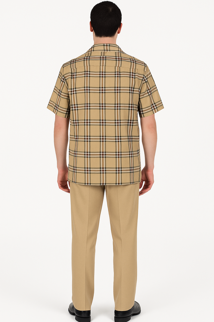 Beige plaid men's summer shirt with short sleeves, straight cut, and lightweight fabric. Brown, cream, and black plaid pattern. Classic collar, uniform back, no visible fastenings.
