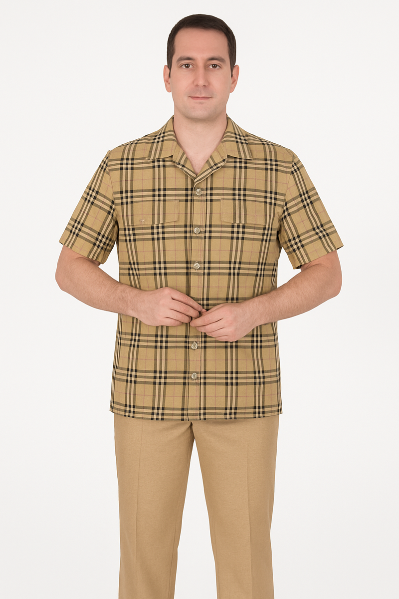 Beige plaid men's summer shirt: lightweight fabric, short sleeves, classic collar. Checkered pattern with dark brown and pink lines. Two chest pockets, button-front closure.
