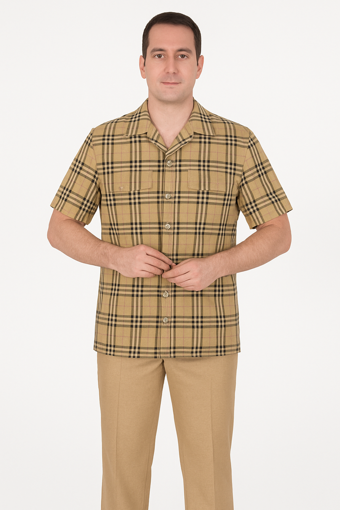 Beige plaid men's summer shirt: lightweight fabric, short sleeves, classic collar. Checkered pattern with dark brown and pink lines. Two chest pockets, button-front closure.
