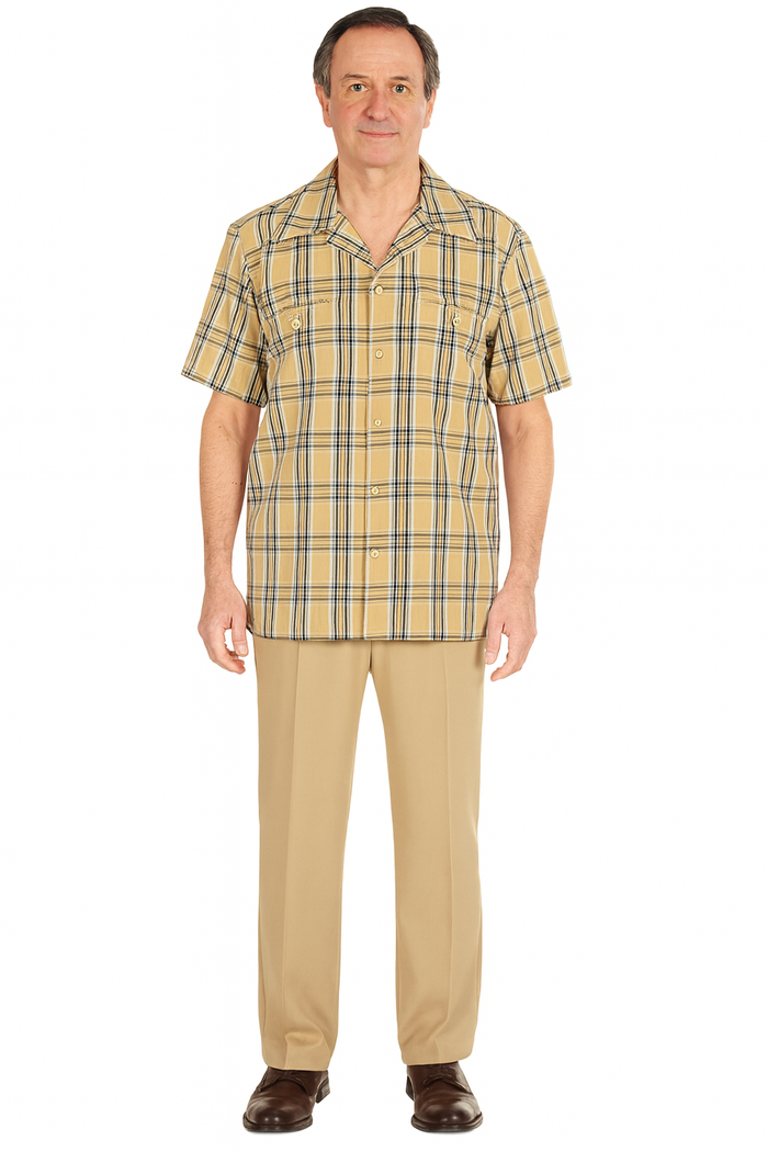 Men's beige plaid summer shirt. Short sleeves, collared neck, lightweight fabric. Black and navy lines on beige. Features two chest pockets. Breathable design.
