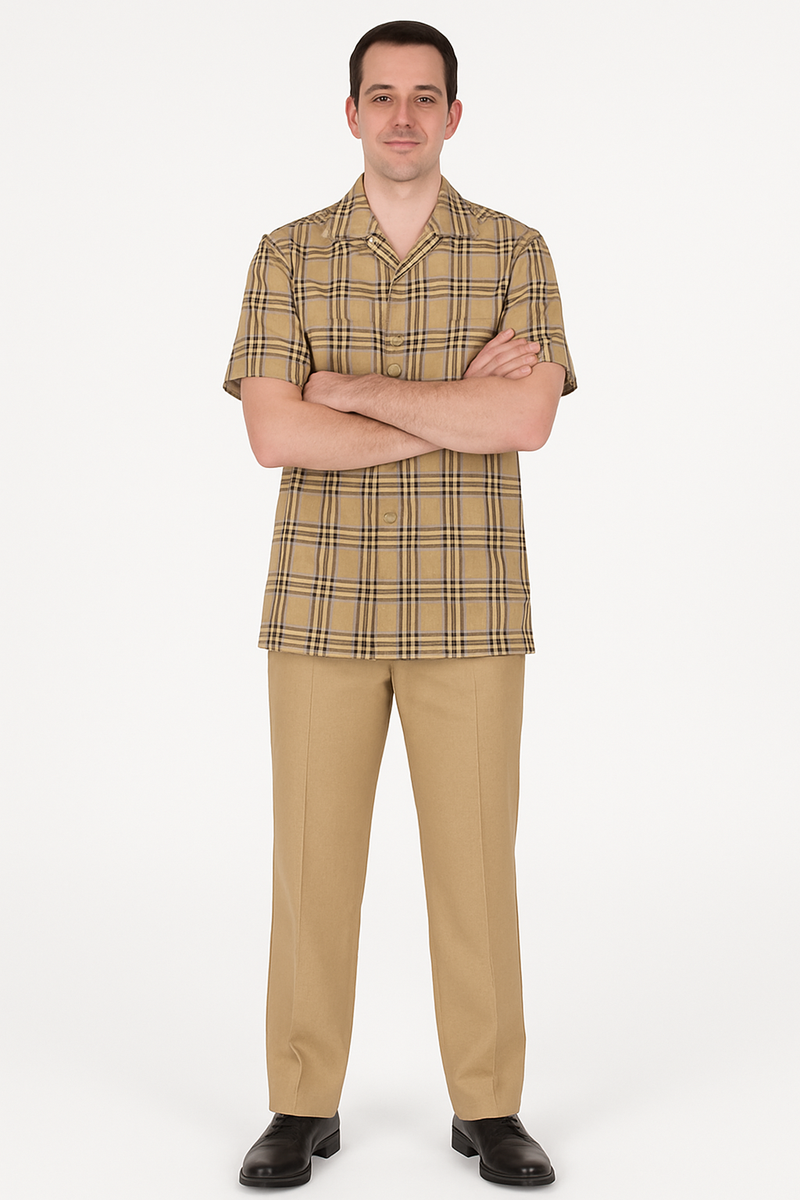 Men's beige plaid summer shirt. Lightweight, short-sleeved, featuring intersecting dark lines for a checkered pattern. Standard collar, button-front closure.
