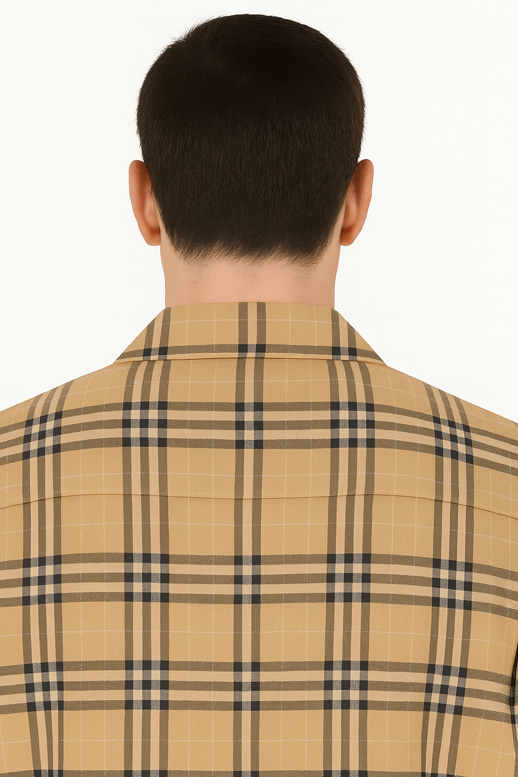 Beige plaid shirt with alternating light/dark brown stripes and black grid lines. Classic collar, straight-cut back.
