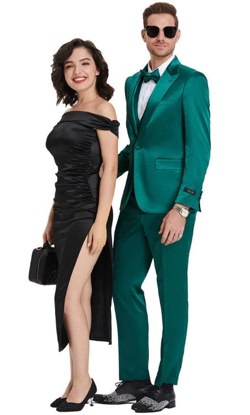 Men's One Button Vested Peak Lapel Shiny Satin Sharkskin Prom and Wedding Party Suit in Emerald Green