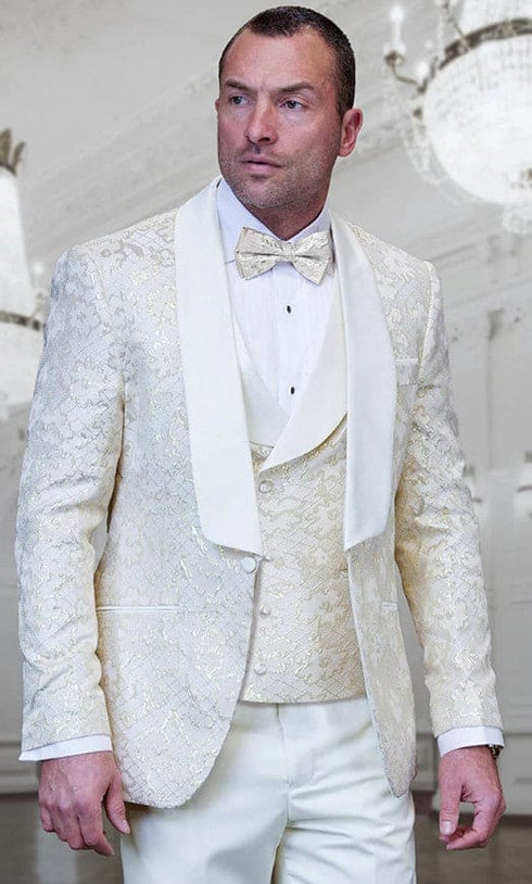 Mens Shawl Lapel Vested Wedding Prom Tuxedo in Ivory Off-white Gold Floral Paisley