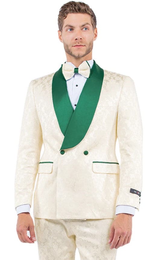 Mens Slim Fit Double Breasted Shawl Collar Prom and Wedding Tuxedo Ivory and Emerald Green