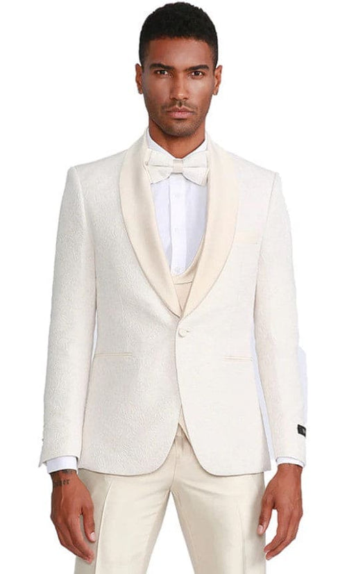 Mens One Button Vested Paisley Prom and Wedding Tuxedo in Ivory
