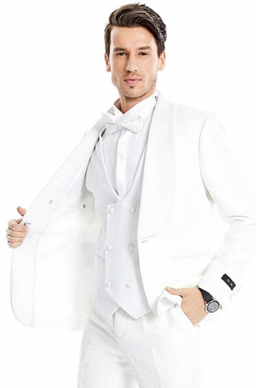 Mens One Button Vested Wide Shawl Lapel Paisley Prom and Wedding Tuxedo in White