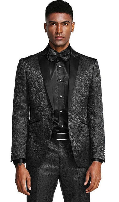 Mens One Button Slim Fit Paisley Bow Tie Included Wedding and Black Prom Tuxedo