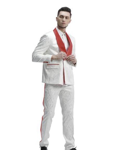 Mens 1 Button Shawl Lapel White And Hot Red Tuxedo Suit