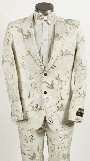 Men’s White and Gold Paisley Prom Tuxedo Set for Wedding and Formal Events