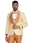 Mens Slim Fit Vested Wedding Prom Shawl Lapel Paisley Tuxedo in Gold
