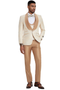 Men's slim fit gold paisley tuxedo with shawl lapel. Light gold/beige color, matching vest, and tailored trousers. Perfect for weddings and proms.
