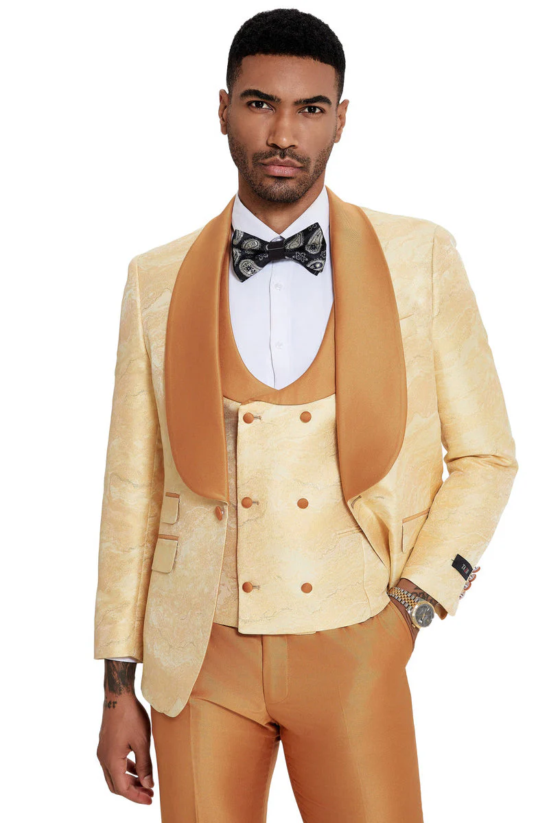 Men's slim fit tuxedo with shawl lapel. Gold paisley pattern & marbled jacket, matching vest & trousers. Perfect for formal events.
