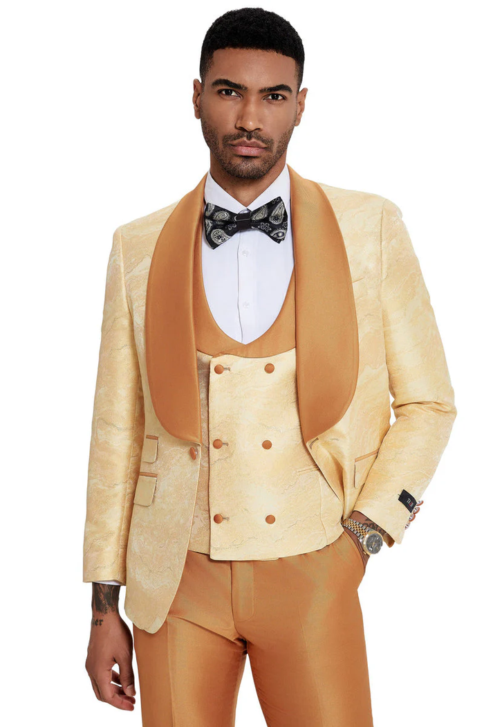 Men's slim fit tuxedo with shawl lapel. Gold paisley pattern & marbled jacket, matching vest & trousers. Perfect for formal events.
