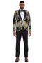 Men's one-button shawl lapel tuxedo. Shiny black paisley pattern with gold/white floral accents. Fitted jacket, straight-leg trousers. Elegant formalwear.

