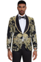 Men's black paisley tuxedo with gold floral accents. Features a shawl lapel, single-button closure, and structured shape. Perfect for weddings and proms.
