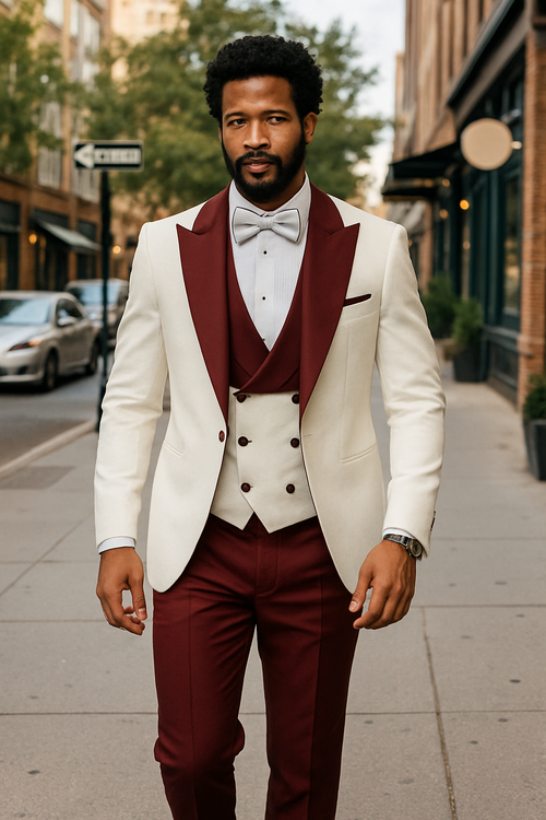 White & burgundy paisley tuxedo: peak lapel jacket with a single pocket, matching shawl vest (double-breasted), burgundy wool pants (fitted), and a bow tie.
