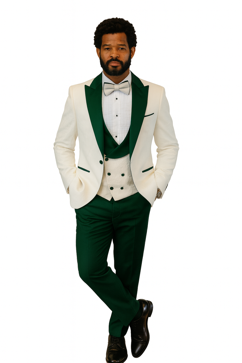 White & hunter green paisley peak lapel tuxedo jacket with matching shawl vest & solid hunter green wool pants. Features a bow tie for a formal look.

