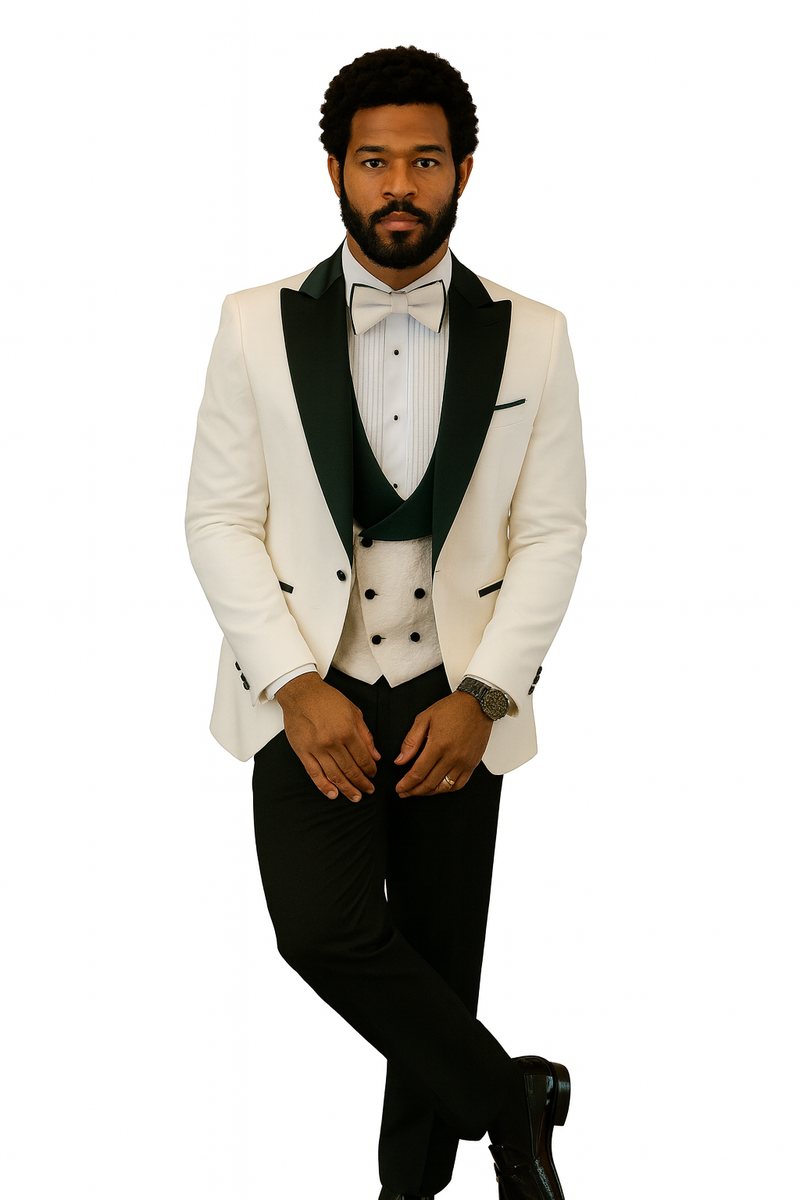 White tuxedo jacket with black peak lapel, cream vest with black accents, black wool pants, and bow tie. Structured fit, tailored waist, formal, polished ensemble.
