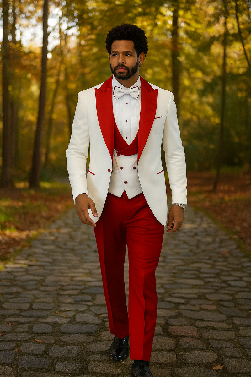 Formal tuxedo: white jacket with red lapels/accents, red shawl vest & wool pants. Includes white shirt & bow tie. Straight-leg pants, polished fabric, perfect for formal occasions.
