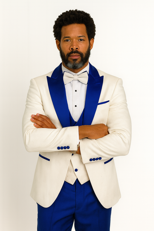 Hilton White and Royal Blue Paisley Peak Lapel Tuxedo Jacket with Matching Shawl Vest and Wool Pants – Includes Bow Tie