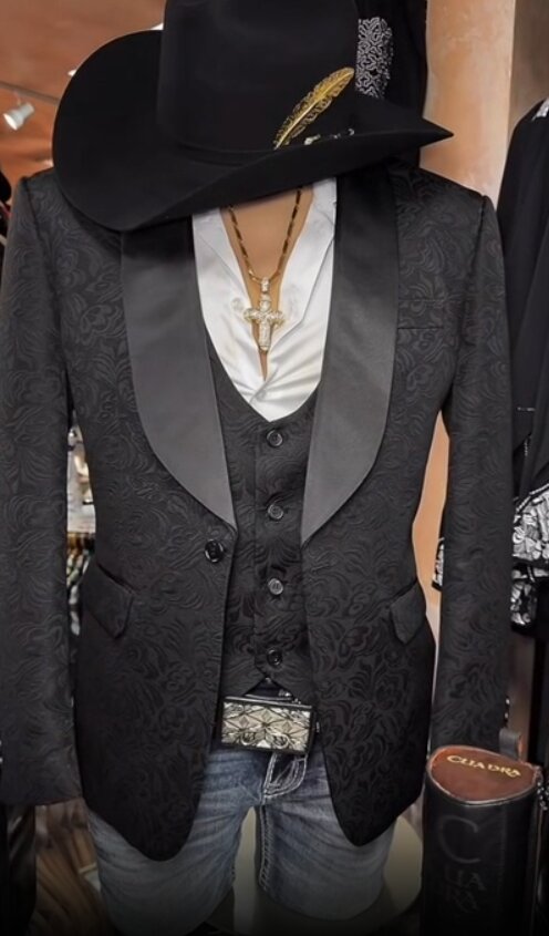 Men’s Black Paisley Jacquard Western Blazer with Satin Shawl Lapel, Formal Designer Sport Coat