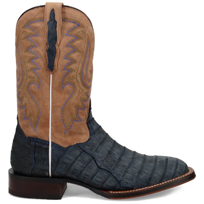 Dan Post Men's Leon boots: Tan suede upper with blue/green stitching. Textured dark caiman foot, square toe. Brown leather heel. Western style with contrasting materials.
