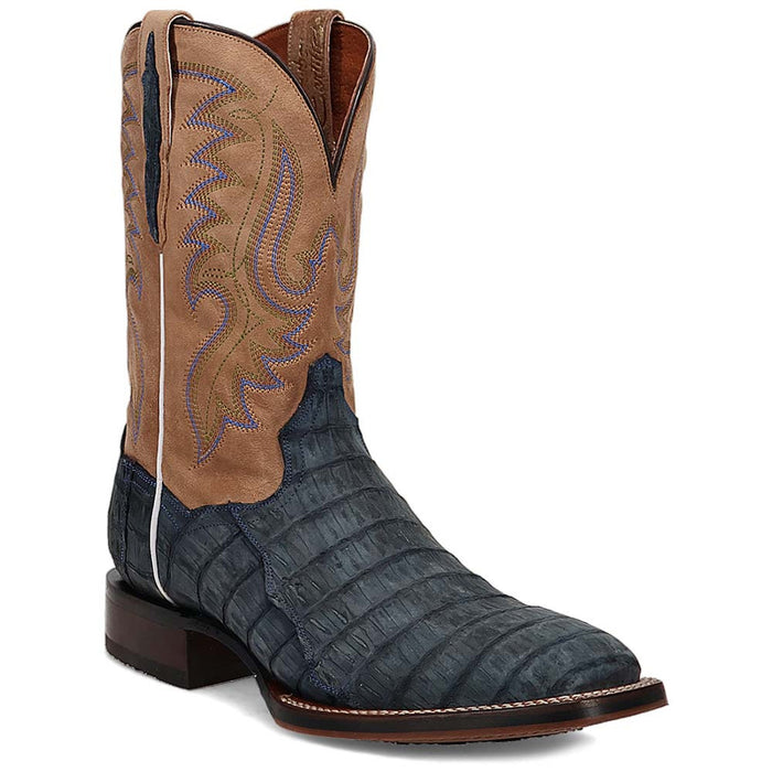 Dan Post Leon boots: Denim blue caiman vamp, tan leather shaft with embroidery. Square toe, stacked heel. Western style.
