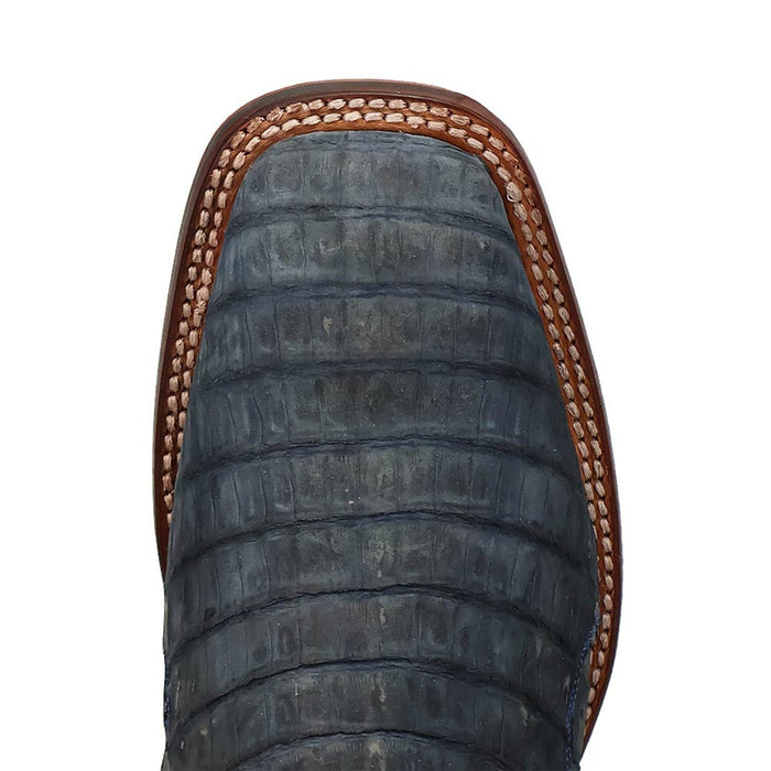 Dan Post Leon Western Boots: Men's tan caiman leather boots with square toe. Textured upper, intricate stitching, and durable design. Stylish and functional.
